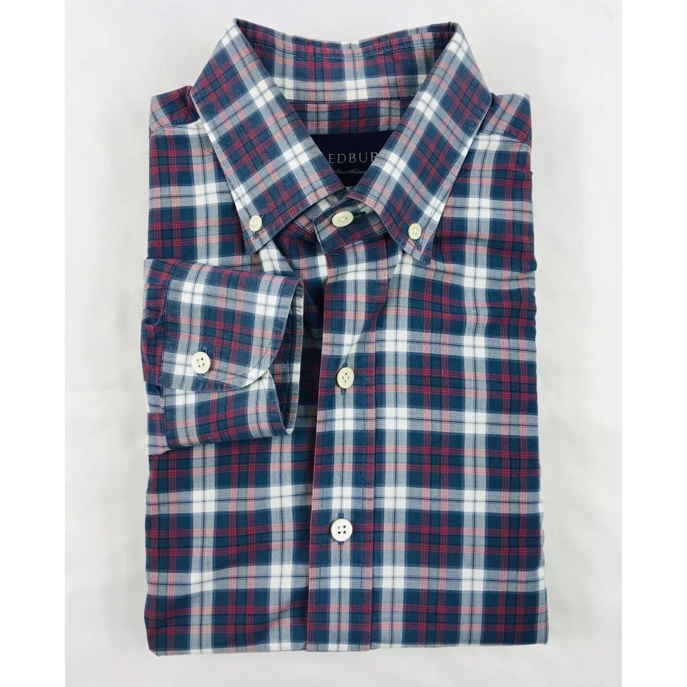 LEDBURY Purple Red White Checked Plaid Cotton Button Front Size Mens 16 EUC